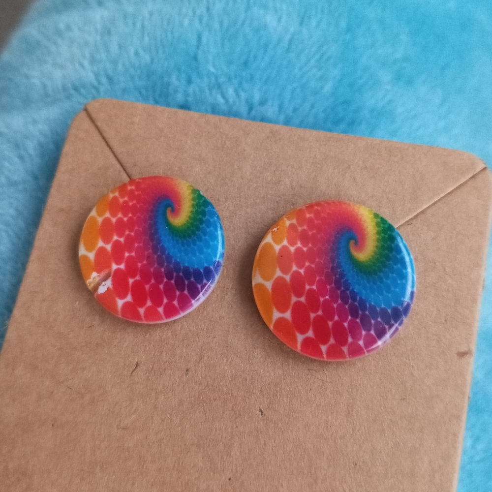 Hand crafted New Tie dye neon shell swirl stud post back statement earrings